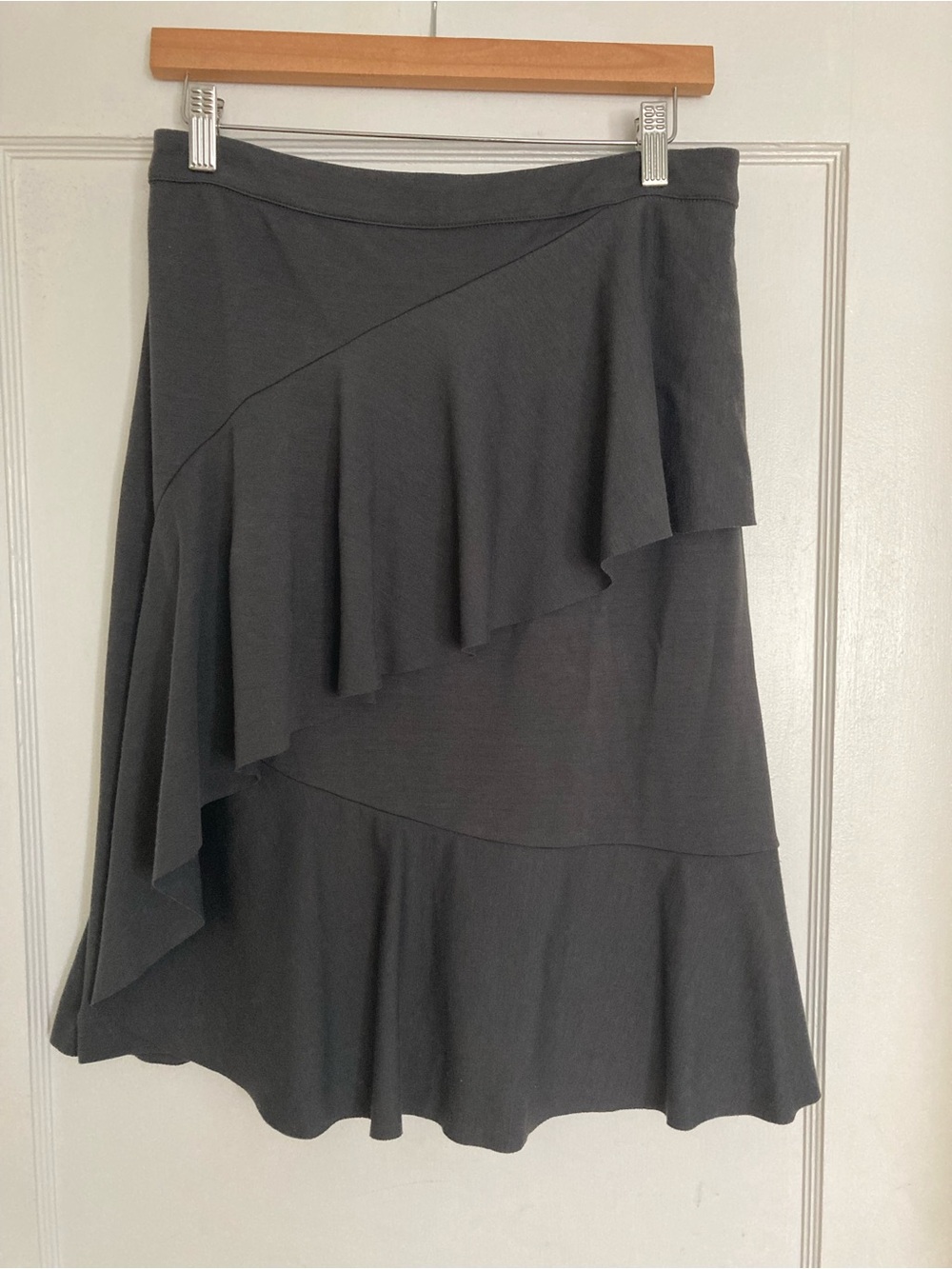 Garnet Hill Dark Gray Asymmetrical Ruffle Midi Skirt